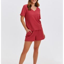 Tricou cu decolteu in V - maneci rulate si aspect texturat-FEMEI/IMBRACAMINTE/Tricouri si maiouri-IMBRACAMINTE/Tricouri si maiouri