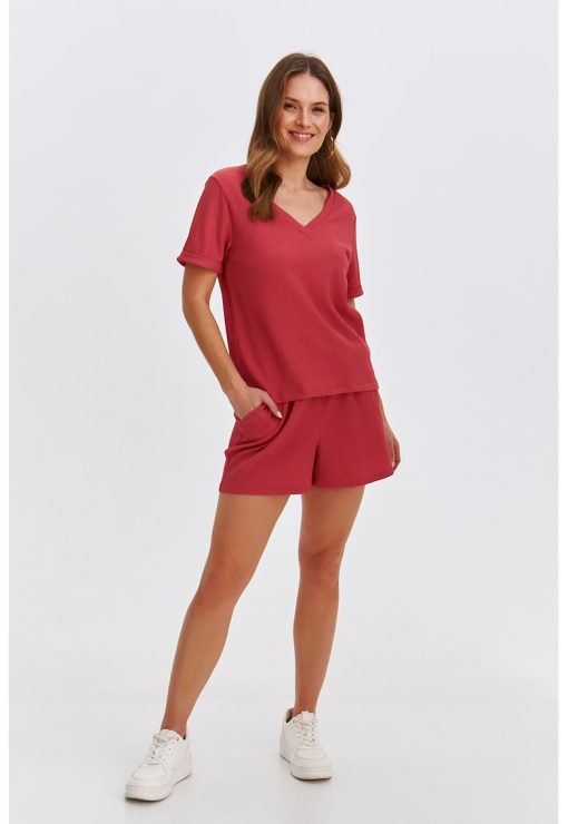 Tricou cu decolteu in V - maneci rulate si aspect texturat-FEMEI/IMBRACAMINTE/Tricouri si maiouri-IMBRACAMINTE/Tricouri si maiouri