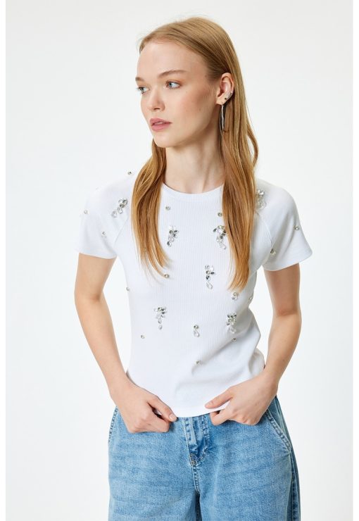 Tricou cu decolteu la baza gatului si aplicatii de strasuri-FEMEI/IMBRACAMINTE/Tricouri si maiouri-IMBRACAMINTE/Tricouri si maiouri