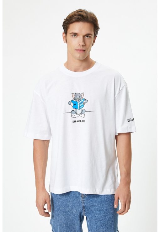 Tricou cu decolteu la baza gatului si imprimeu cu Tom&Jerry-BARBATI/IMBRACAMINTE/Tricouri si maiouri-IMBRACAMINTE/Tricouri si maiouri