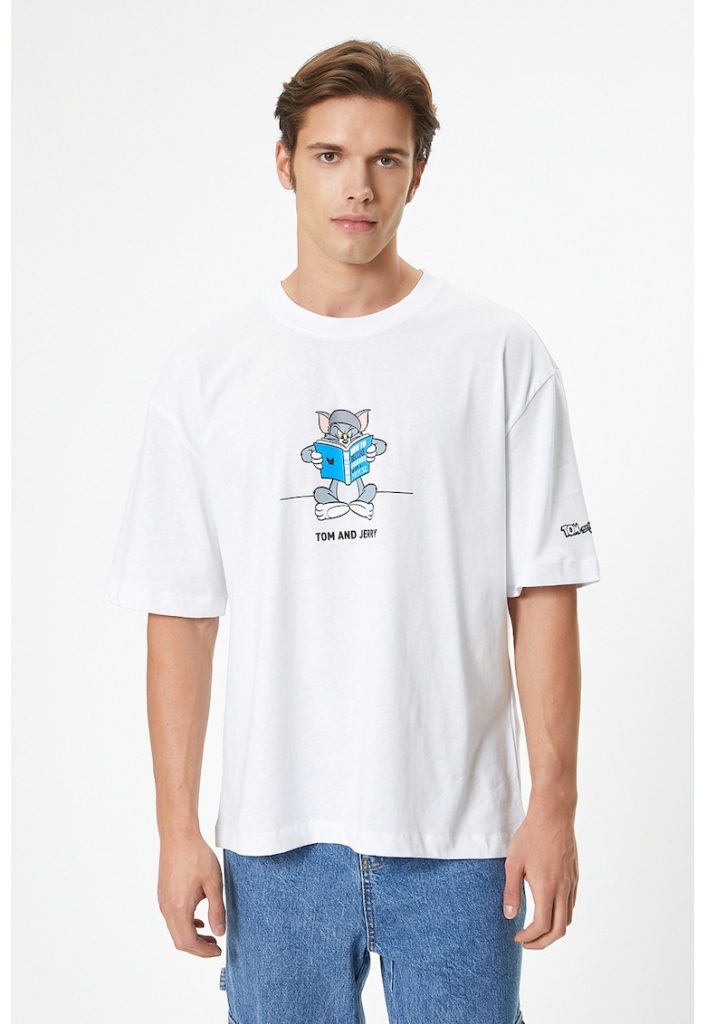Tricou cu decolteu la baza gatului si imprimeu cu Tom&Jerry-BARBATI/IMBRACAMINTE/Tricouri si maiouri-IMBRACAMINTE/Tricouri si maiouri