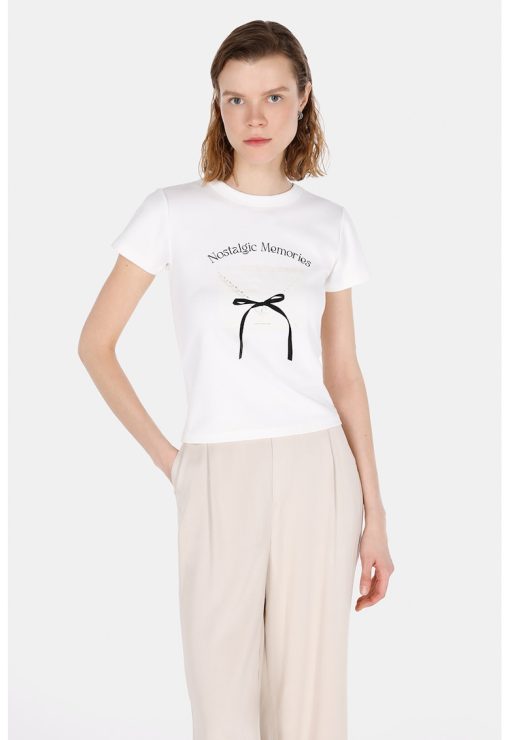Tricou cu decolteu la baza gatului si imprimeu grafic-FEMEI/IMBRACAMINTE/Tricouri si maiouri-IMBRACAMINTE/Tricouri si maiouri