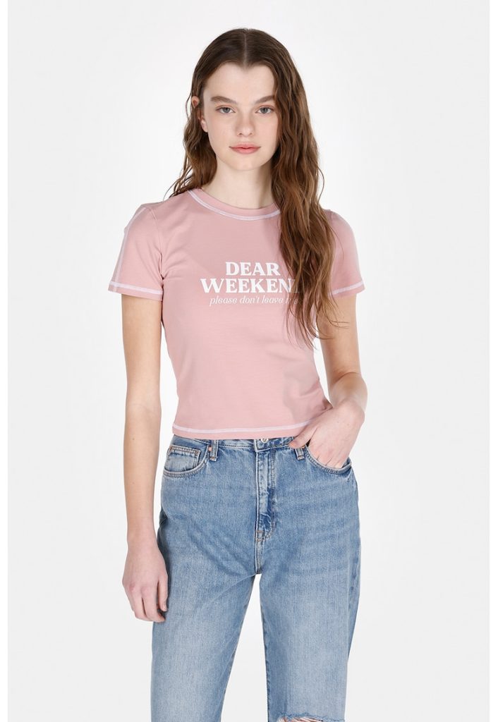 Tricou cu decolteu la baza gatului si imprimeu text-FEMEI/IMBRACAMINTE/Tricouri si maiouri-IMBRACAMINTE/Tricouri si maiouri