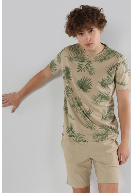 Tricou cu decolteu la baza gatului si model tropical-BARBATI/IMBRACAMINTE/Tricouri si maiouri-IMBRACAMINTE/Tricouri si maiouri