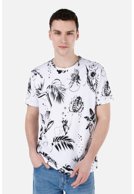 Tricou cu decolteu la baza gatului si model tropical-BARBATI/IMBRACAMINTE/Tricouri si maiouri-IMBRACAMINTE/Tricouri si maiouri