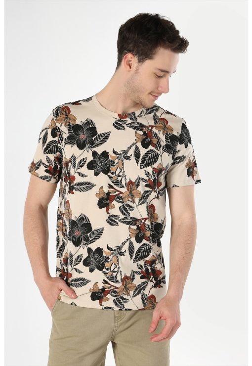 Tricou cu decolteu la baza gatului si model tropical si floral-BARBATI/IMBRACAMINTE/Tricouri si maiouri-IMBRACAMINTE/Tricouri si maiouri