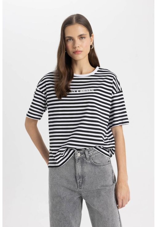 Tricou cu dungi si maneci cazute-FEMEI/IMBRACAMINTE/Tricouri si maiouri-IMBRACAMINTE/Tricouri si maiouri