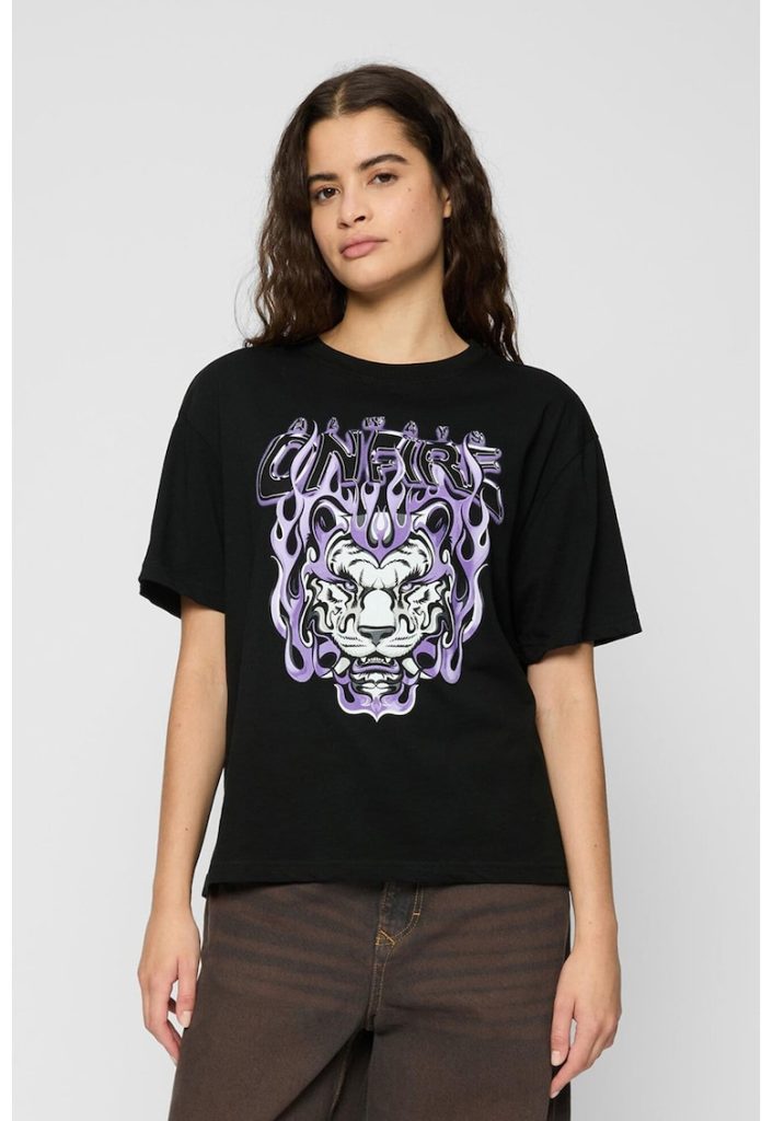 Tricou cu imprimeu grafic si decolteu la baza gatului-FEMEI/IMBRACAMINTE/Tricouri si maiouri-IMBRACAMINTE/Tricouri si maiouri