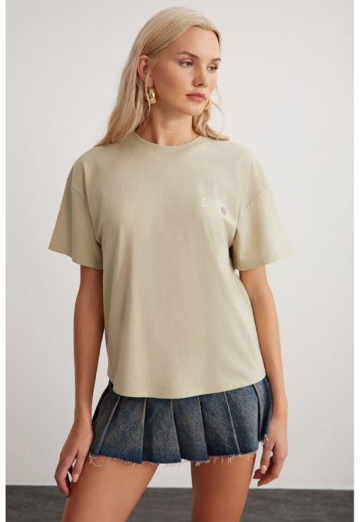 Tricou de bumbac cu decolteu la baza gatului-FEMEI/IMBRACAMINTE/Tricouri si maiouri-IMBRACAMINTE/Tricouri si maiouri