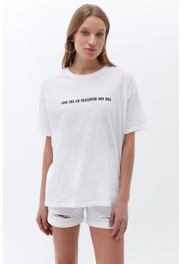 Tricou de bumbac cu decolteu la baza gatului-FEMEI/IMBRACAMINTE/Tricouri si maiouri-IMBRACAMINTE/Tricouri si maiouri