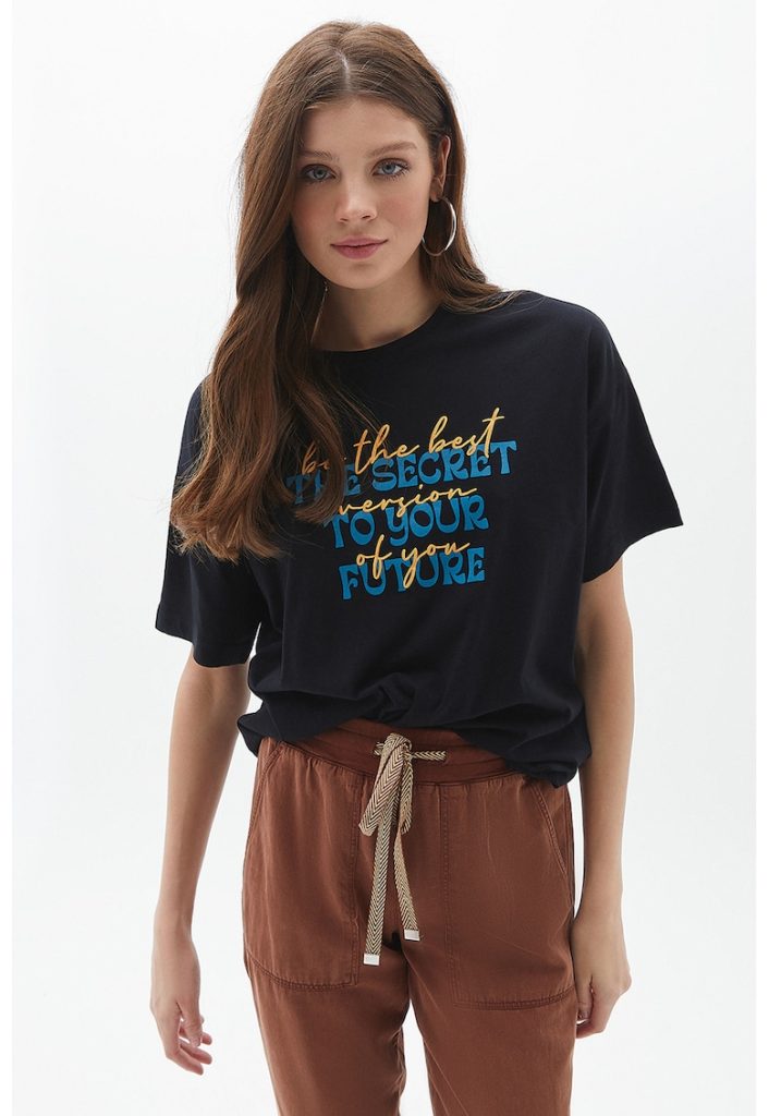 Tricou de bumbac cu imprimeu text-FEMEI/IMBRACAMINTE/Tricouri si maiouri-IMBRACAMINTE/Tricouri si maiouri