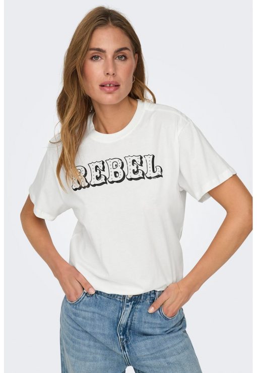 Tricou de bumbac organic cu decolteu la baza gatului si imprimeu text-FEMEI/IMBRACAMINTE/Tricouri si maiouri-IMBRACAMINTE/Tricouri si maiouri