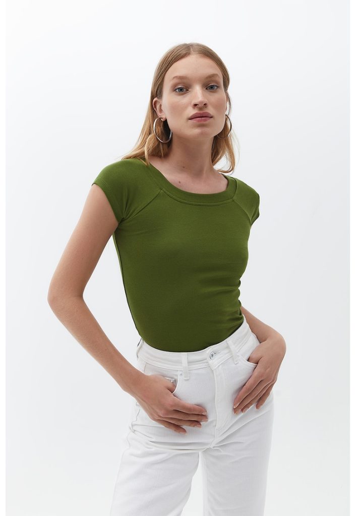 Tricou din amestec de bumbac cu decolteu la baza gatului-FEMEI/IMBRACAMINTE/Tricouri si maiouri-IMBRACAMINTE/Tricouri si maiouri
