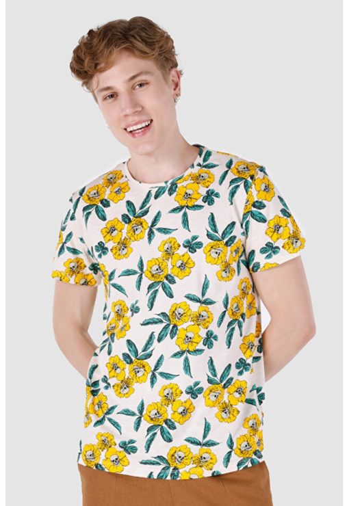Tricou din bumbac cu decolteu la baza gatului si imprimeu floral-BARBATI/IMBRACAMINTE/Tricouri si maiouri-IMBRACAMINTE/Tricouri si maiouri
