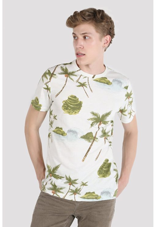Tricou din bumbac cu decolteu la baza gatului si imprimeu tropical-BARBATI/IMBRACAMINTE/Tricouri si maiouri-IMBRACAMINTE/Tricouri si maiouri