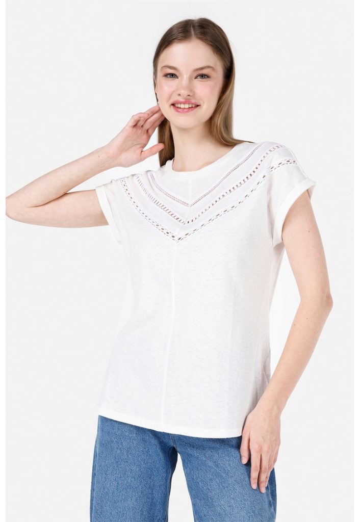 Tricou din bumbac si in cu detalii cu perforatii-FEMEI/IMBRACAMINTE/Tricouri si maiouri-IMBRACAMINTE/Tricouri si maiouri