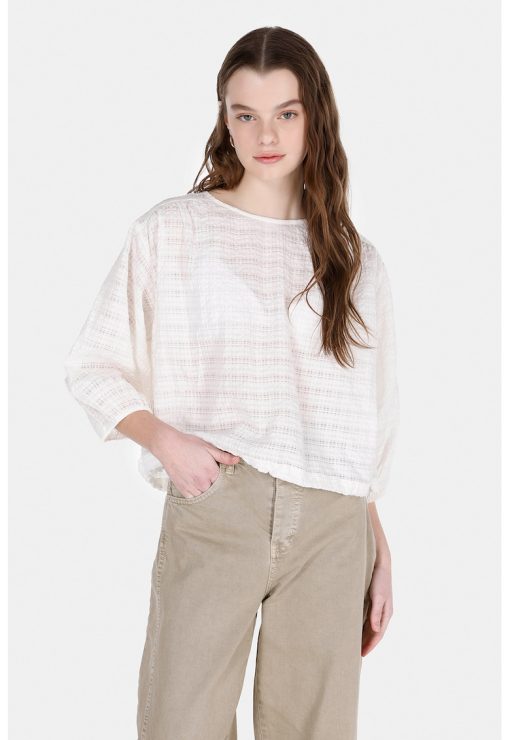 Bluza cu aspect perforat si maneci cazute-FEMEI/IMBRACAMINTE/Bluze-IMBRACAMINTE/Bluze