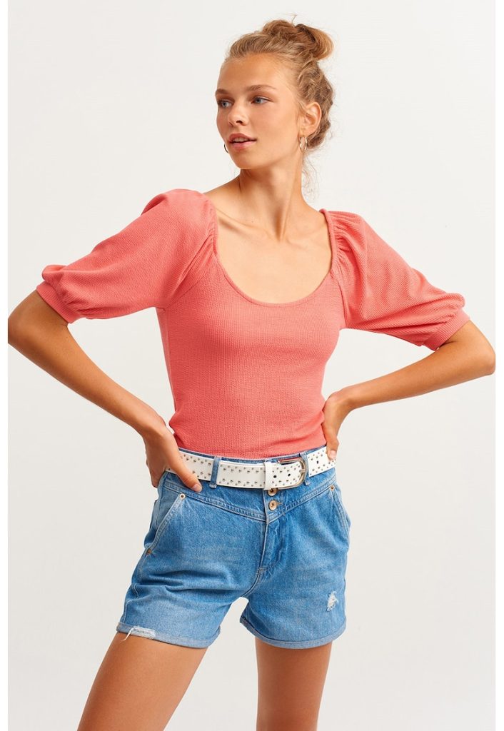 Bluza cu maneci scurte si decolteu rotund-FEMEI/IMBRACAMINTE/Bluze-IMBRACAMINTE/Bluze