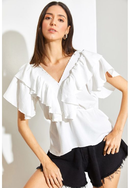 Bluza de bumbac cu decolteu in V si volane-FEMEI/IMBRACAMINTE/Bluze-IMBRACAMINTE/Bluze