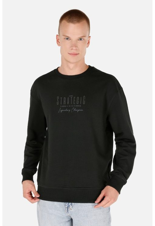 Bluza de trening cu decolteu la baza gatului si imprimeu text-BARBATI/IMBRACAMINTE/Hanorace-IMBRACAMINTE/Hanorace