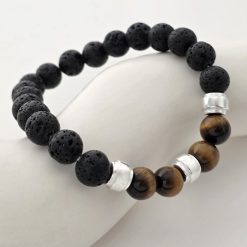 Bratara pietre semipretioase Lava si Ochi de tigru de 8 mm - trei cilindrii din Argint 925 - Snur elastic-Personalizate >> Tip Bijuterie >> Bratari pietre semipretioase >> Noutati