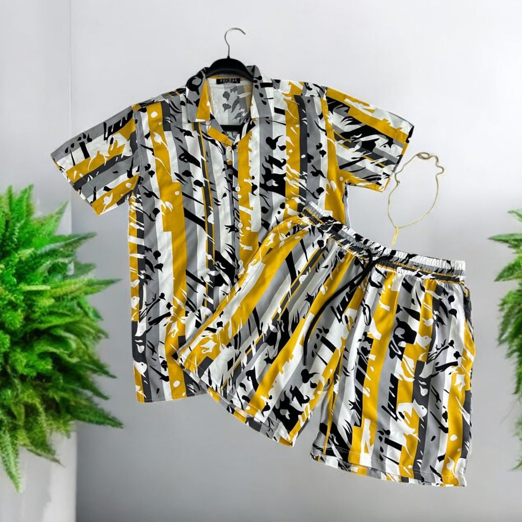 Compleu de vara camasa cu imprimeu + pantaloni galben 13275-Recent adaugate