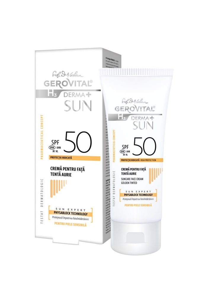 Crema pentru fata  H3 Derma+ Sun - cu SPF 50 - tenta aurie - 50 ml-FEMEI/INGRIJIRE COSMETICA/Produse cosmetice-INGRIJIRE COSMETICA/Produse cosmetice