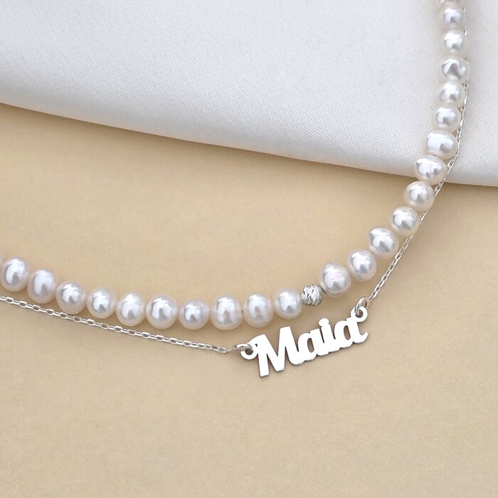 Lantisor cu Perle - Nume melodios - Model 2 straturi cu sirag perle si lantisor cu numele tau - Argint 925-Colectii >> Comori Perlate >> Promoții
