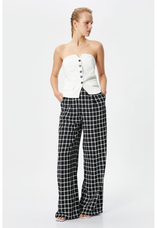 Pantaloni din amestec de in cu model in carouri-FEMEI/IMBRACAMINTE/Pantaloni si colanti-IMBRACAMINTE/Pantaloni si colanti