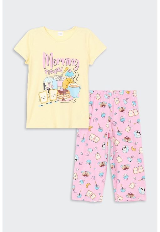 Pijama cu maneci scurte si imprimeu grafic-FETE/IMBRACAMINTE/Pijamale si halate de baie-IMBRACAMINTE/Pijamale si halate de baie
