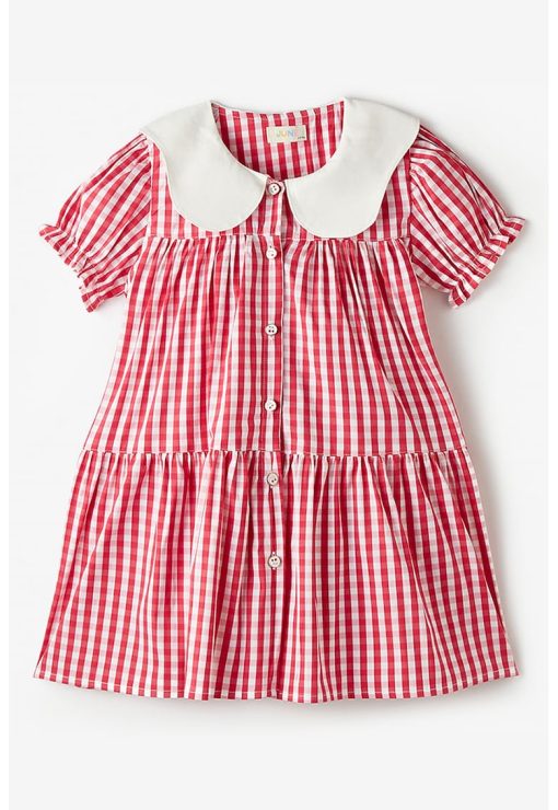 Rochie din amestec de bumbac in carouri cu guler rotund-FETE/IMBRACAMINTE/Rochii-IMBRACAMINTE/Rochii