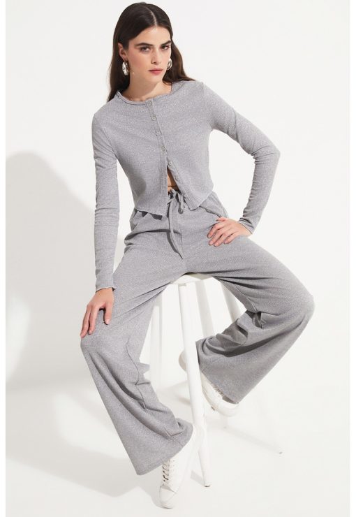 Set de cardigan cu aspect stralucitor si pantaloni cu croiala ampla-FEMEI/IMBRACAMINTE/Seturi imbracaminte-IMBRACAMINTE/Seturi imbracaminte