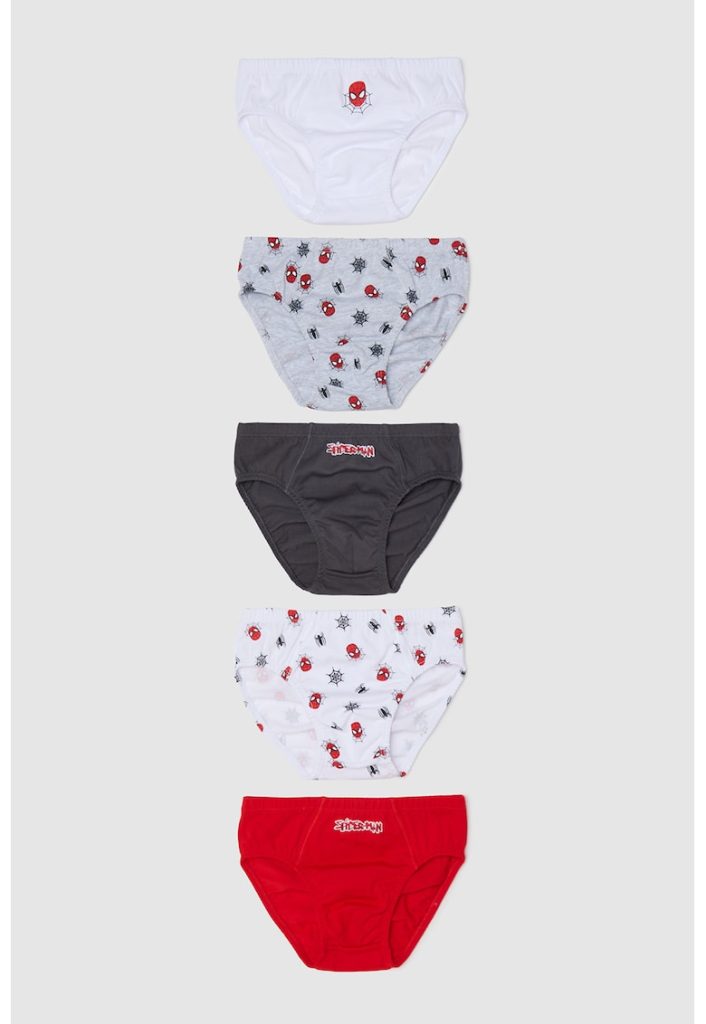 Set de chiloti din bumbac cu imprimeu Spider-Man - 5 Perechi - Rosu - Negru - Gri --BAIETI/IMBRACAMINTE/Lenjerie intima-IMBRACAMINTE/Lenjerie intima