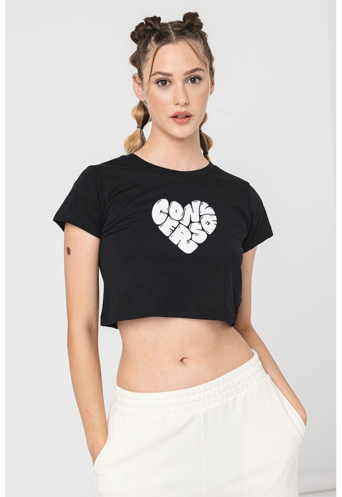 Tricou crop cu imprimeu logo-FEMEI/IMBRACAMINTE/Tricouri si maiouri-IMBRACAMINTE/Tricouri si maiouri