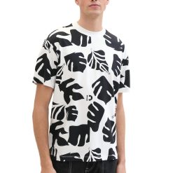 Tricou cu decolteu la baza gatului si imprimeu tropical-BARBATI/IMBRACAMINTE/Tricouri si maiouri-IMBRACAMINTE/Tricouri si maiouri