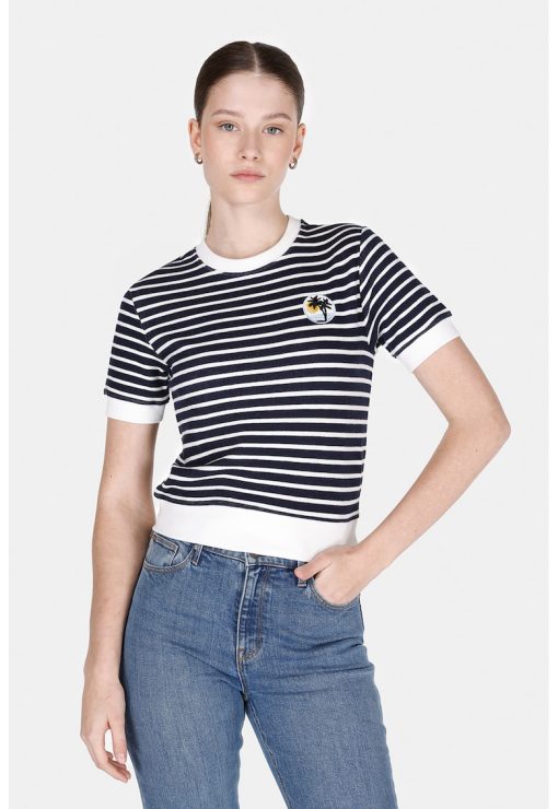 Tricou cu dungi si broderie-FEMEI/IMBRACAMINTE/Tricouri si maiouri-IMBRACAMINTE/Tricouri si maiouri