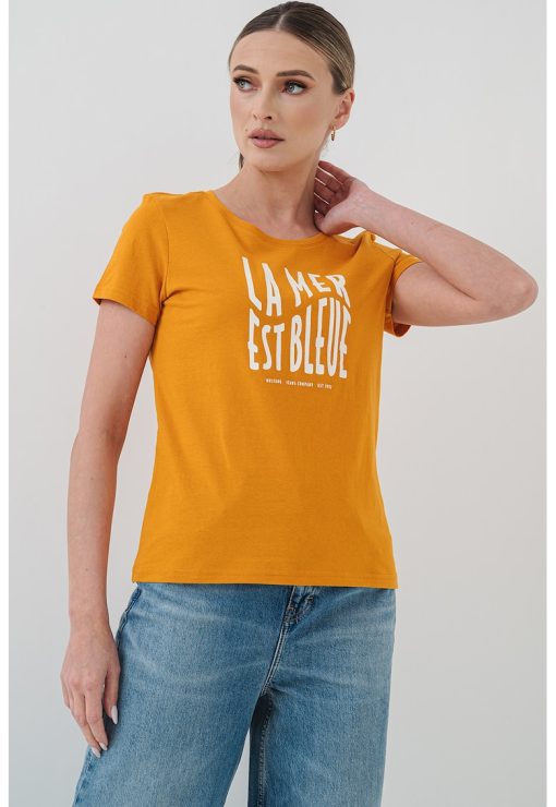 Tricou cu imprimeu text si decolteu rotund-FEMEI/IMBRACAMINTE/Tricouri si maiouri-IMBRACAMINTE/Tricouri si maiouri