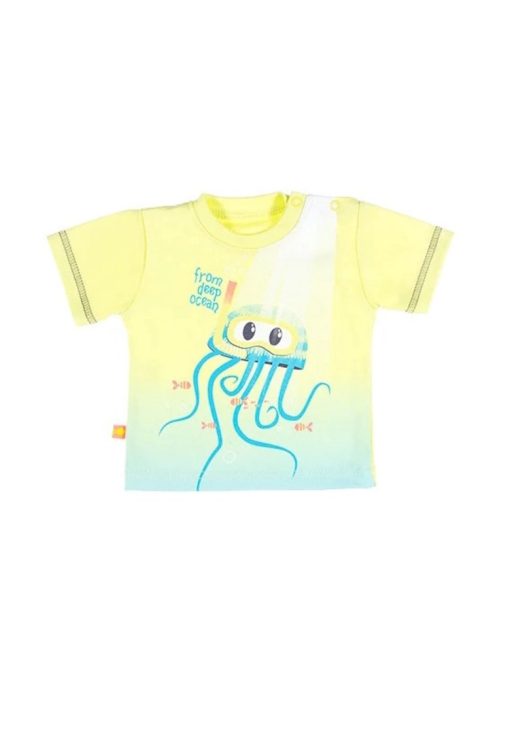 Tricou cu model caracatita -  - Summer Time - Galben si Turcoaz - pentru baieti-BAIETI/IMBRACAMINTE/Tricouri si maiouri-IMBRACAMINTE/Tricouri si maiouri