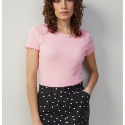 Tricou din amestec de bumbac cu decolteu la baza gatului-FEMEI/IMBRACAMINTE/Tricouri si maiouri-IMBRACAMINTE/Tricouri si maiouri