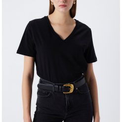 Tricou din bumbac cu decolteu in V-FEMEI/IMBRACAMINTE/Tricouri si maiouri-IMBRACAMINTE/Tricouri si maiouri