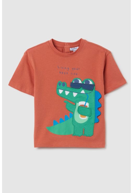 Tricou din bumbac cu imprimeu si decolteu la baza gatului-BAIETI/IMBRACAMINTE/Tricouri si maiouri-IMBRACAMINTE/Tricouri si maiouri