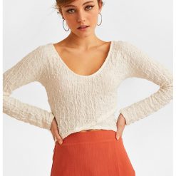 Bluza crop texturata cu decolteu amplu-FEMEI/IMBRACAMINTE/Bluze-IMBRACAMINTE/Bluze