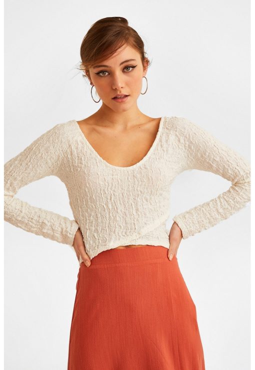 Bluza crop texturata cu decolteu amplu-FEMEI/IMBRACAMINTE/Bluze-IMBRACAMINTE/Bluze