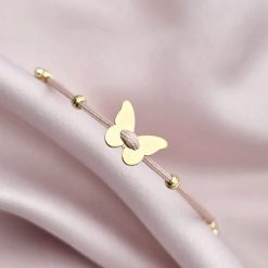 Brățara Aripi de Catifea - cu Fluture - Șnur roz Gros si 2 bilute de 3 mm - Argint 925 placat cu Aur Galben 18K-Toate >> Argint 925 >> Bratari Argint >> Noutati