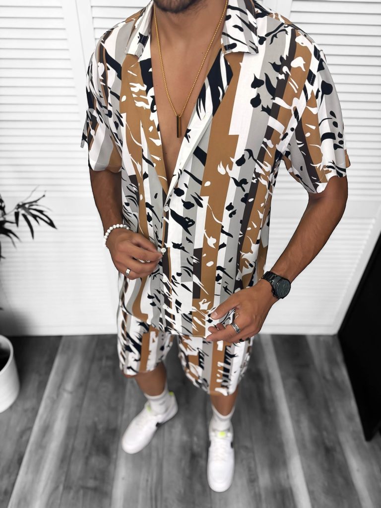 Compleu de vara camasa cu imprimeu + pantaloni maro 13275 Y22-Recent adaugate