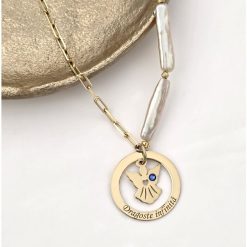 Lantisor cu Perle - Medalion disc cu silueta de ingeras si inimioara decupata - Cristal swarovski - Model sirag de perle stick silver si bilute din Argint 925 placat cu Aur Galben 18K-Colectii >> Comori Perlate >> Noutati