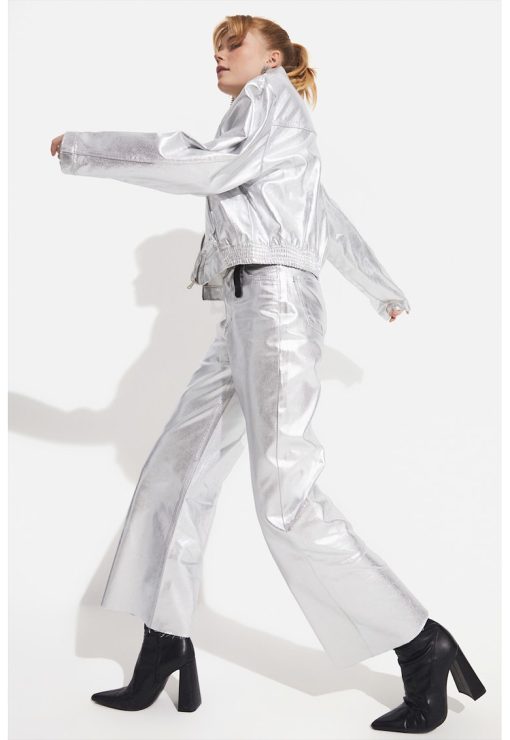 Pantaloni cu talie inalta - croiala ampla si aspect metalizat-FEMEI/IMBRACAMINTE/Pantaloni si colanti-IMBRACAMINTE/Pantaloni si colanti