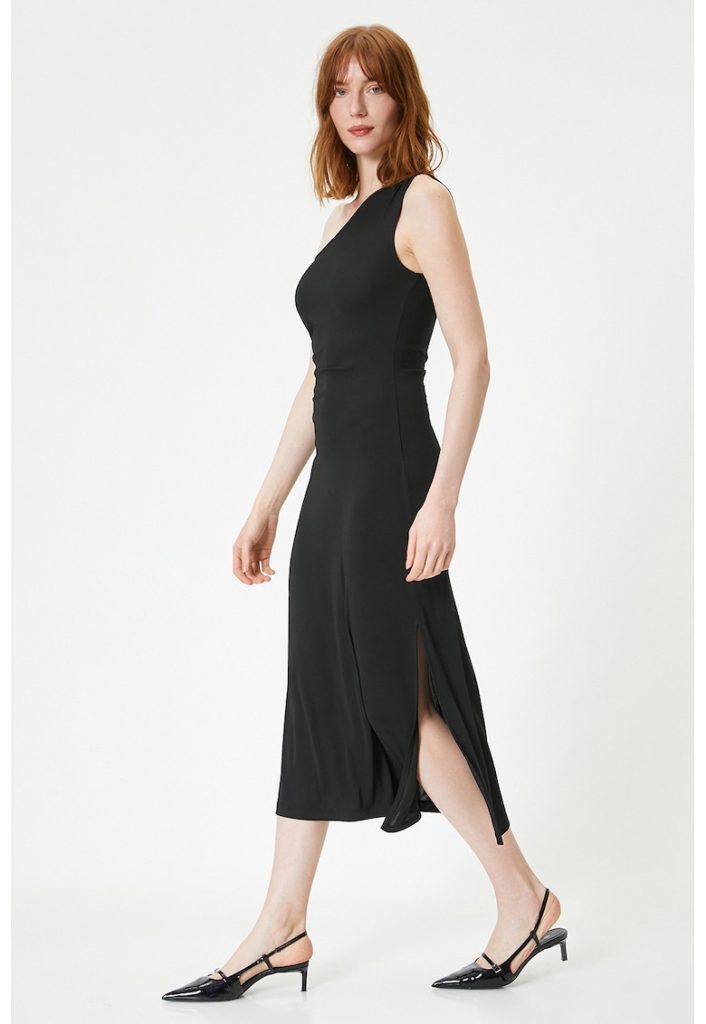 Rochie midi cu decolteu asimetric-FEMEI/IMBRACAMINTE/Rochii-IMBRACAMINTE/Rochii