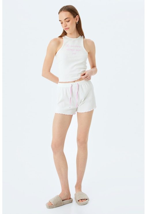 Top crop de pijama slim-fit cu text brodat si model striat-FEMEI/IMBRACAMINTE/Pijamale si halate de baie-IMBRACAMINTE/Pijamale si halate de baie