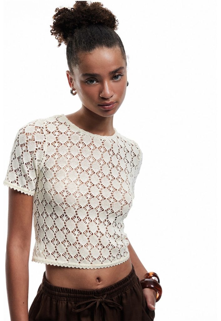 Tricou crop tricotat cu perforatii-FEMEI/IMBRACAMINTE/Tricouri si maiouri-IMBRACAMINTE/Tricouri si maiouri
